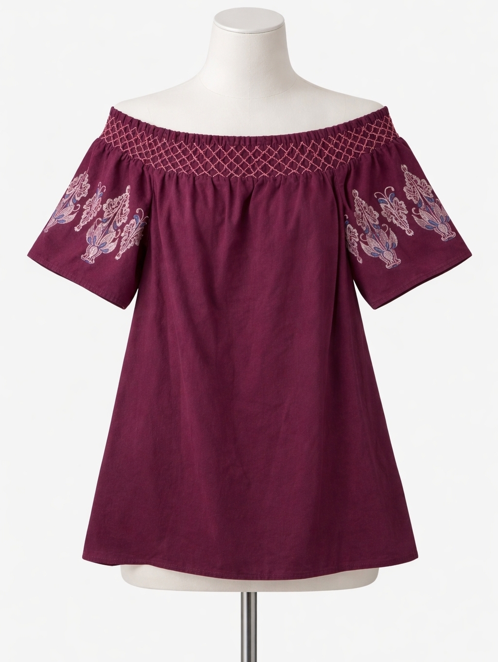 bleuh ciel Off-Shoulder Embroidered Tunic in Plum